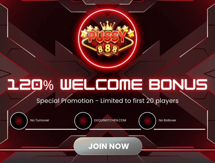 A stunning casino background showing Pussy888's latest promotion