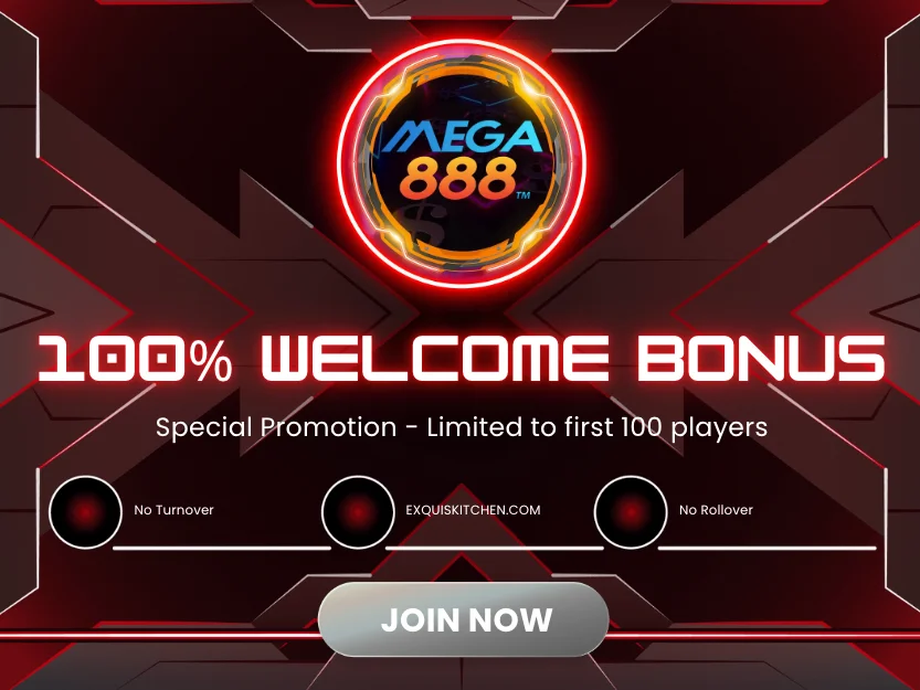 A stunning casino background showing Mega888's latest promotion